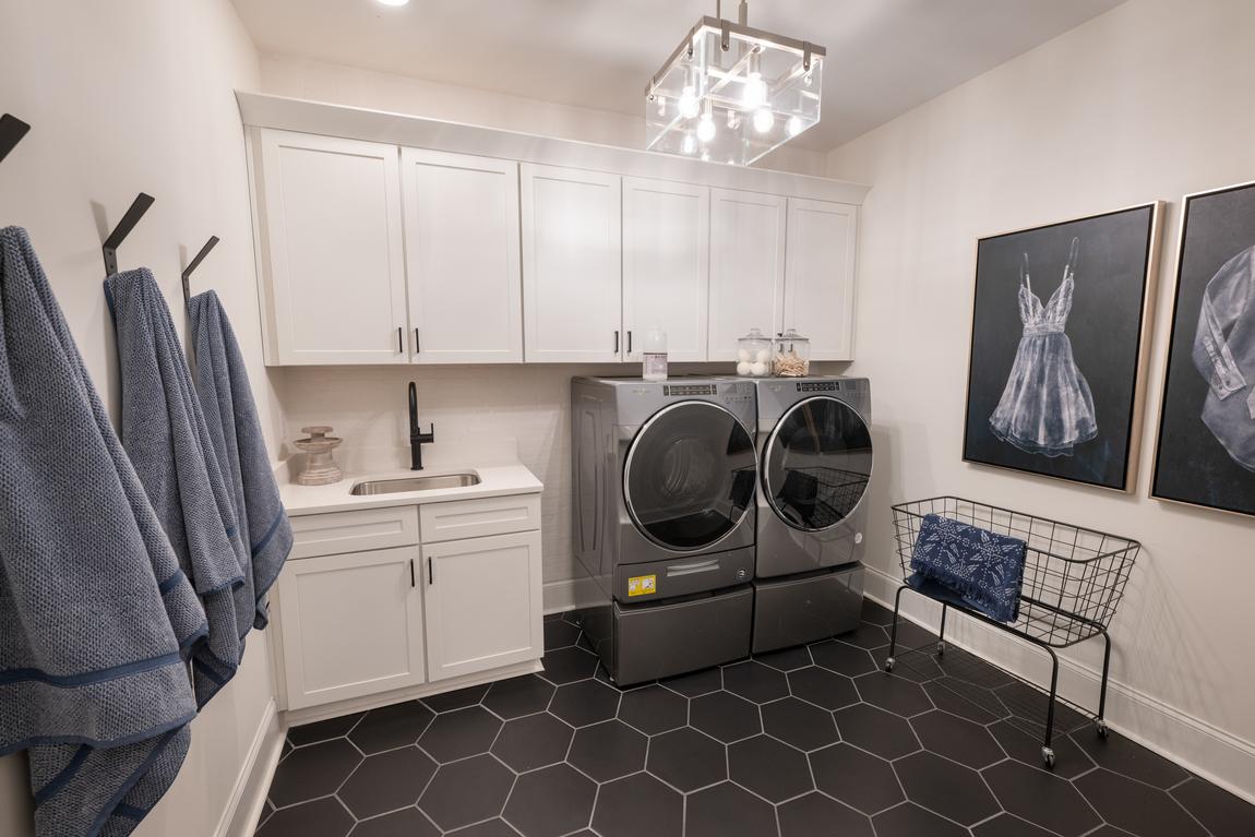 laundry room with black and white interior design